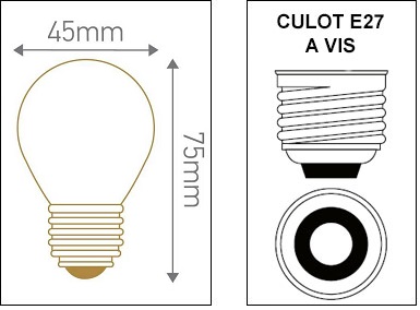 Dimensions ampoule sphérique E27 avec calotte argentée ou dorée