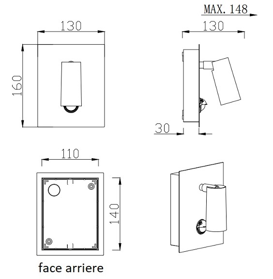 Dimensions applique TUNGA simple avec détecteur